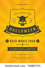 Halloween celebration night party poster or flyer design retro typography vector template. Yellow textured background.