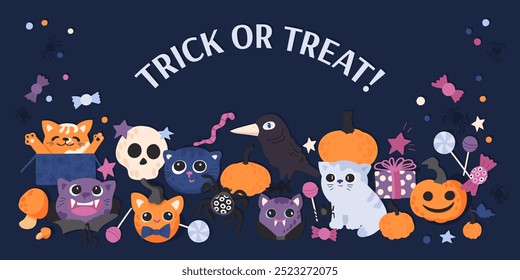 Diseño de fondo de Vector de noche de celebración de Halloween. Truco o trato de texto con gato, araña, cuervo, calabazas, regalos, caramelos y confeti. СUte Anuncio de personaje de mascota espeluznante.