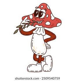 Halloween celebration on October 30. Merry autumn holiday of all saints. Character mushroom Fly agaric in groovy style. Vector illustration isolated on transparent background.