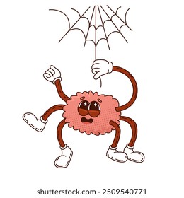 Halloween celebration on October 30. Merry autumn holiday of all saints. Cute spider character hanging on web in groovy style. Vector illustration isolated on transparent background.