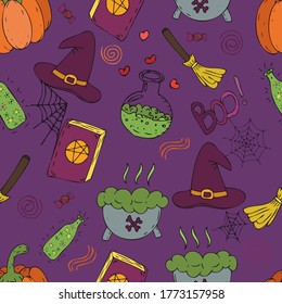 halloween celebration on purple background, vector seamless pattern for halloween celebration in doodle style, color illustration