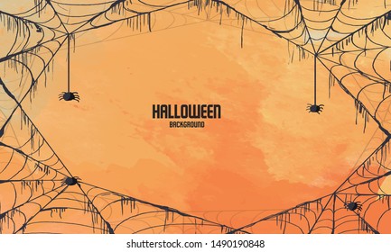 Halloween celebration orange background art. Invitation greeting card with web and spider vector banner.
