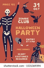 Halloween celebration party flat poster vector template. Seasonal masquerade brochure, flyer concept. Zombie club invitation card layout. People in creepy costumes illustration with typography.