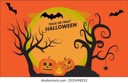 Halloween celebration poster and banner template vector design with cloud, tree, bat, spider, moon, ghost and pumpkin. Suitable for promotional Halloween events with a spooky and creative atmosphere.