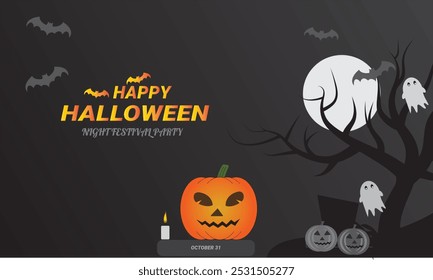 Halloween celebration poster and banner template vector design with moon, tree, bats, ghosts and other scary decorations. Suitable for promotional Halloween events with a spooky and creative