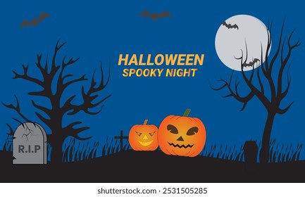 
Halloween celebration poster and banner template vector design with moon, tree, pumpkin, bats, and other scary decorations. Suitable for promotional Halloween events with a spooky and creative. 