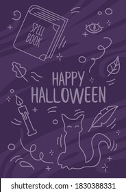 Halloween celebration print with witch occult supplies. Traditional spell book, candle and feather floating in the air around black cat. Witchcraft concept.