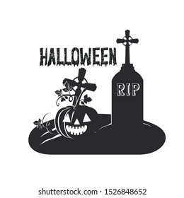 halloween celebration with pumpkin in cemetery scene vector illustration design