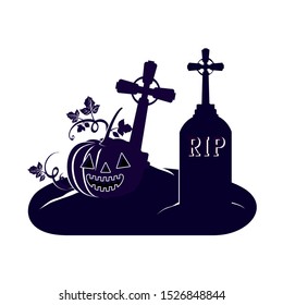 halloween celebration with pumpkin in cemetery scene vector illustration design