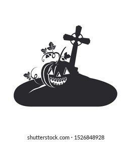 halloween celebration with pumpkin in cemetery scene vector illustration design