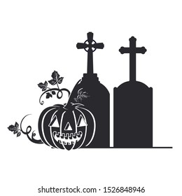 halloween celebration with pumpkin in cemetery scene vector illustration design
