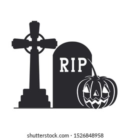halloween celebration with pumpkin in cemetery scene vector illustration design