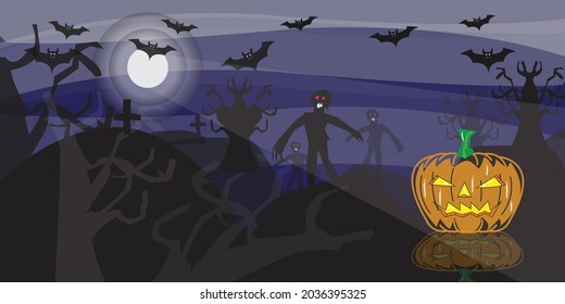 halloween celebration with pumpkin in the moonlight with scary ghost