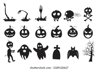 Halloween celebration with pumpkin silhouette, ghost hand, boo, zombie, bat, grave and dry tree