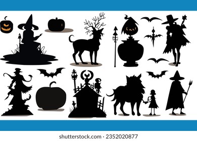 Halloween celebration with pumpkin silhouette, ghost hand, boo, zombie, bat, grave and dry tree