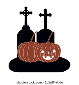 halloween celebration with pumpkins in cemetery scene vector illustration design