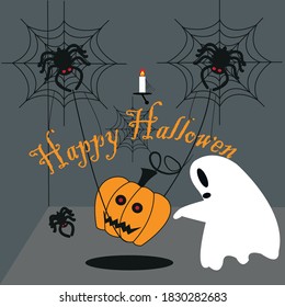 Halloween celebration of pumpkins, spiders and ghosts