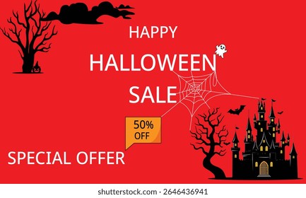 Halloween celebration with Pumpkin,Witch Hat,Ghosts and scary castle decorations.Halloween Special discount offer on red background.Halloween Promotion Poster or banner template.