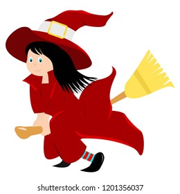 Halloween celebration red dress witch on broom flying cartoon clip art digital file children book vectors, as a happy Halloween withes flying vector drawing and witch illustration vectors eps vector