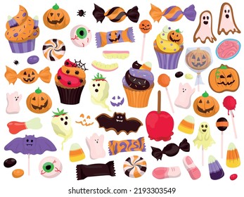 Halloween celebration related candies, desserts and sweets. Collection of hand drawn, vector cartoon illustrations.