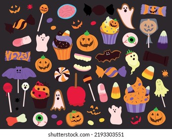 Halloween celebration related candies, desserts and sweets. Collection of hand drawn, vector cartoon illustrations.