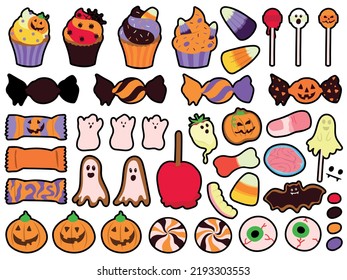 Halloween celebration related candies, desserts and sweets. Collection of hand drawn, vector cartoon illustrations.