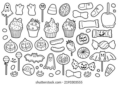 Halloween celebration related candies, desserts and sweets. Collection of hand drawn, vector cartoon illustrations.