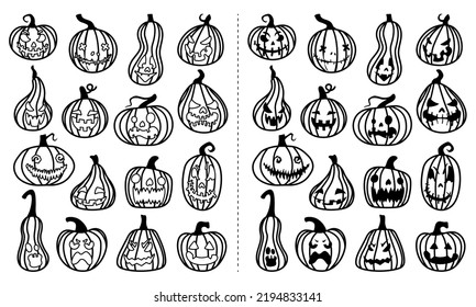 Halloween celebration related jack o lanterns, carved pumpkins with different facial expressions. Collection of hand drawn, vector cartoon illustrations.