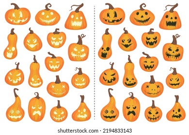 Halloween celebration related jack o lanterns, carved pumpkins with different facial expressions. Collection of hand drawn, vector cartoon illustrations.