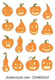 Halloween celebration related jack o lanterns, carved pumpkins with different facial expressions. Collection of hand drawn, vector cartoon illustrations.