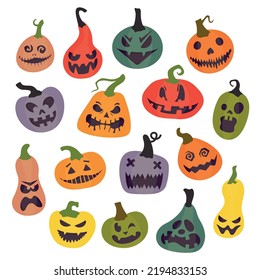 Halloween celebration related jack o lanterns, carved pumpkins with different facial expressions. Collection of hand drawn, vector cartoon illustrations.