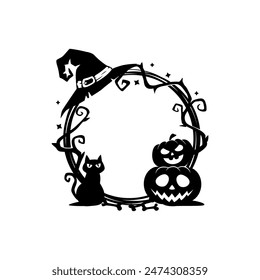 Halloween celebration scary black frame. Black magic or sorcery creepy frame, Halloween holiday spooky or horror vector border or background with witch or sorcerer hat, black cat and pumpkin lantern