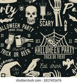 Halloween celebration seamless pattern with retro grunge effect. Vector illustration. Halloween party retro badges. Background, wallpaper, seamless pattern with patches