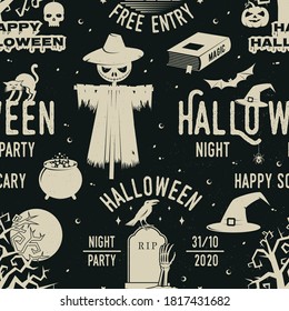 Halloween celebration seamless pattern with retro grunge effect. Vector illustration. Halloween party retro badges. Background, wallpaper, seamless pattern with patches