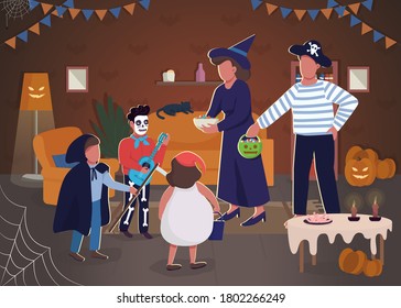 Halloween celebration semi flat vector illustration. Parents play with children. Trick or treat at home with kids. Festive decoration in spooky house. Family 2D cartoon characters for commercial use