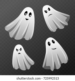 Halloween celebration. Set of ghost characters with different face expressions isolated on transparent checkered background. Translucent haunteds. Vector illustration