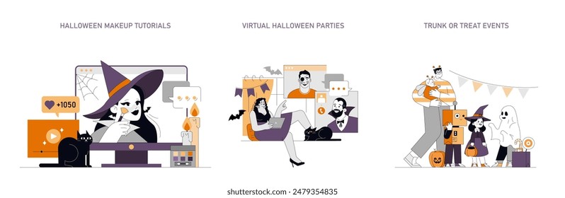 Set de celebración de Halloween. Tutoriales de maquillaje, fiestas virtuales y eventos de maletero o trato exhibidos. Tres aspectos de la participación festiva. Ilustración vectorial.