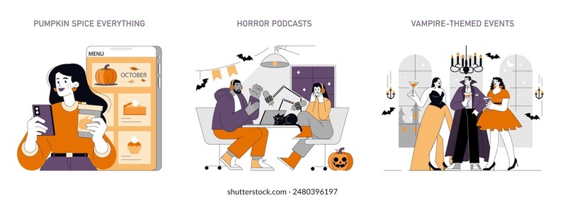 Halloween Celebration set. From pumpkin spice flavors to horror podcasts and vampire-themed parties. Seasonal activities and festive enjoyment. Vector illustration.