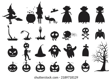 Halloween celebration with silhouettes of witch, vampire, pumpkin, bat, dry tree, skull, boo and witch hat