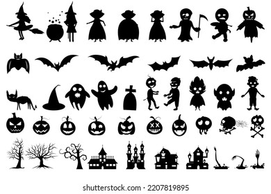 Halloween celebration with silhouettes of zombies, vampires, bats, graves, dry trees, pumpkins, cats, castles and witches