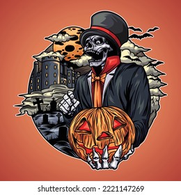 Halloween celebration with skull in Dracula costume and holding pumpkin. Halloween is a celebration that can be found in a number of countries on October 31, the eve of All Saints' Day.