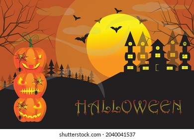 halloween celebration with three pumpkins and moonlight with a castle