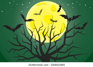 Halloween celebration with various characters, full moon, devil's house, bats and night