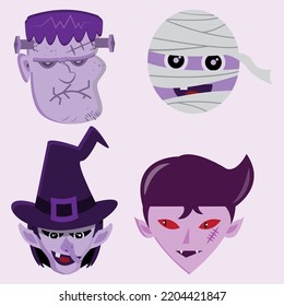Halloween celebration with various characters, full moon, devil's house, bats and night