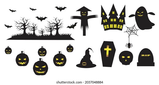 Halloween celebration with various knick-knacks such as skulls, coffins, spiders, bats, trees, pumpkins and many more