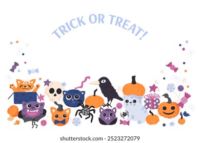 Halloween celebration vector background design. Trick or treat text with cat, spider, crow, pumpkins, presents, candies and confetti. Сute creepy mascot character banner.