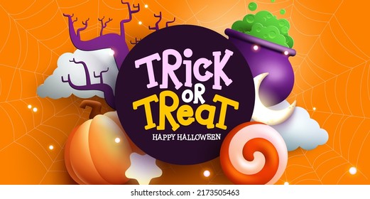 Halloween celebration vector concept design. Trick or treat text in circle template with halloween object elements for scary celebration messages. Vector illustration.
