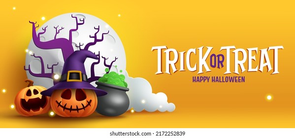 Halloween celebration vector design. Trick or treat text with jack o pumpkin character, moon and potion pot elements for halloween celebration. Vector illustration.
