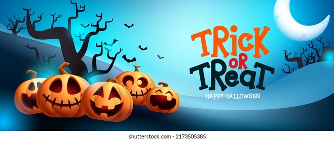 Halloween celebration vector design. Trick or treat text with jack o pumpkin characters in night spooky yard element for halloween celebration. Vector illustration.
