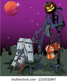 Halloween celebration vector illustration, editable, pumpkin monster and coffin, can add to the mood of your Halloween party